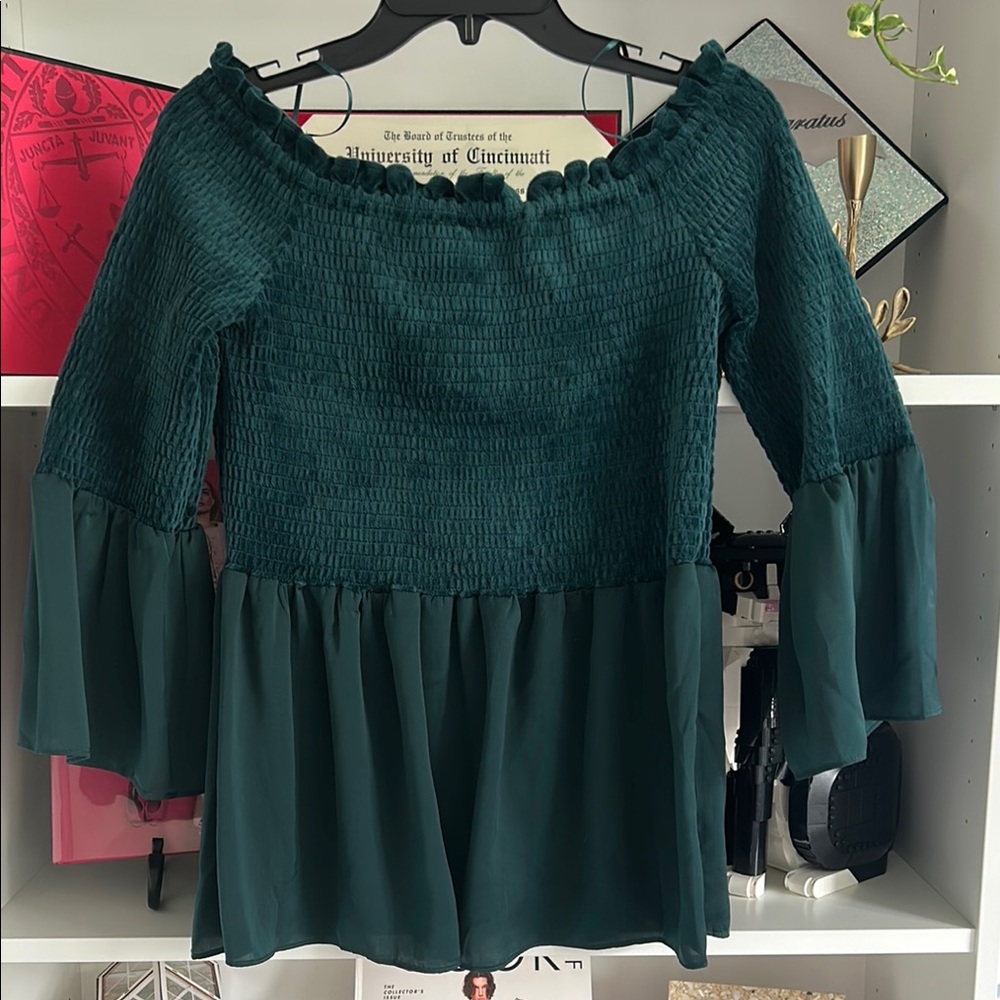 Jane and Delancey Green Velvet Off the Shoulder Blouse